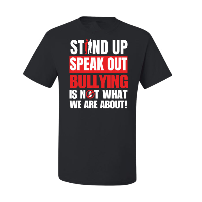 Basic cheap classic black cotton tee, with inspirational Anti Bullying wording across the front, pairs well with school outfit.