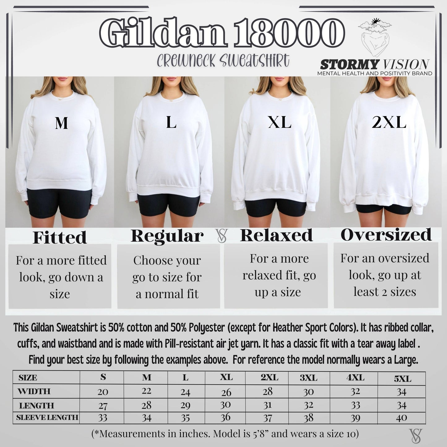Stormy Vision sweatshirt size chart