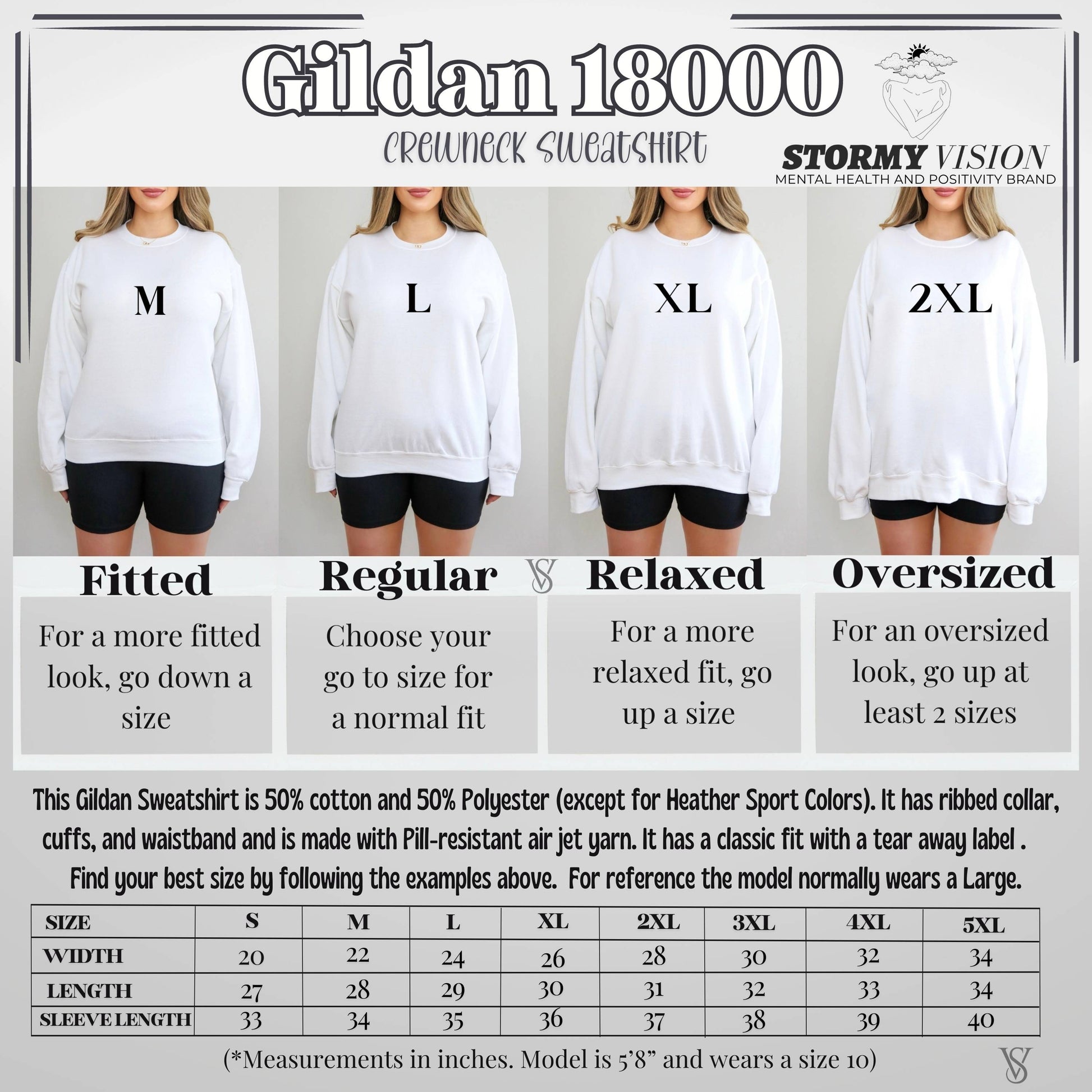 Stormy Vision sweatshirt size chart