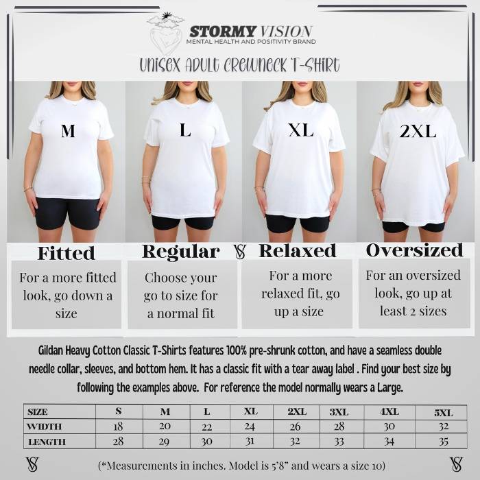 T-shirt size chart for Stormy Vision