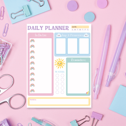 cute kawaii style daily planner with to do list - priorities - reminders and notes sections in pastel colors. 