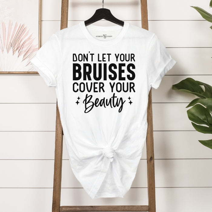 Trendy white cotton graphic t-shirt, features a mental health inspired Beauty quote, ideal for women seeking a uplifting and positive message in apparel.