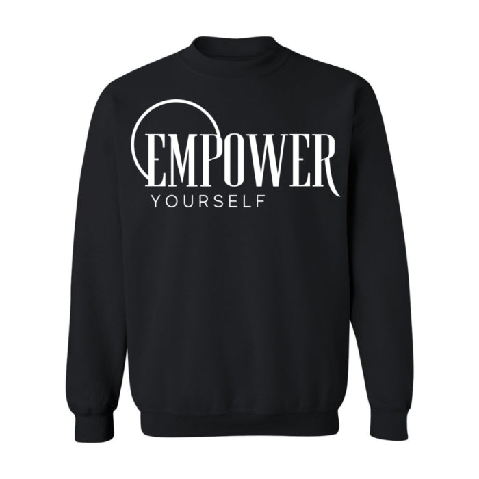 Black "Empower Yourself" pullover sweater, perfect for seasonal wear. Great for women in leadership roles, pairs well with a stylish scarf.
