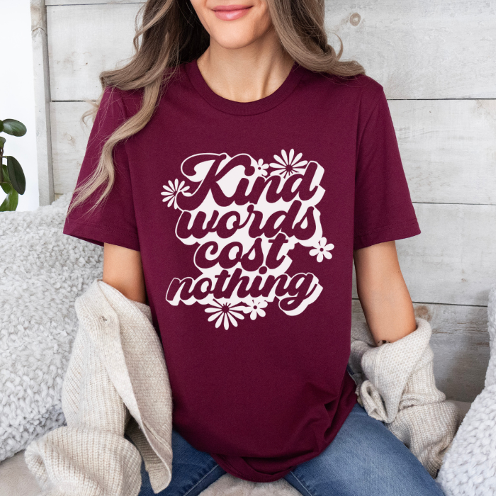 Affordable Kind Words graphic tee, text-based and perfect for casual Fridays, a must-have for mental health supporters.