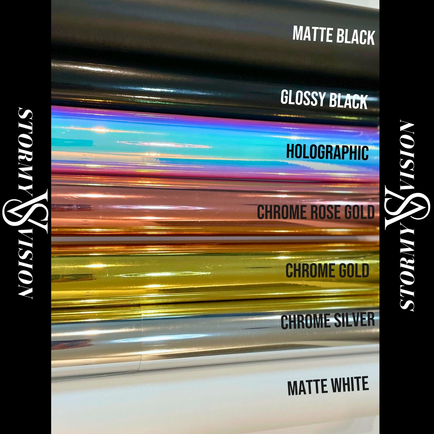 Chrome, Holographic, Matte and Glossy color options for decals to purchase