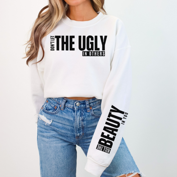 Premium soft white crewneck sweatshirt promoting mental well-being and self-care.