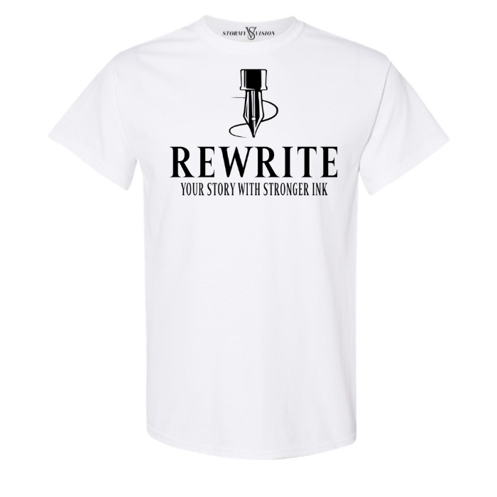 White printed short sleeve tee, with inspirational slogan and pen design, perfect for a comfortable choice for women seeking a unisex styles.