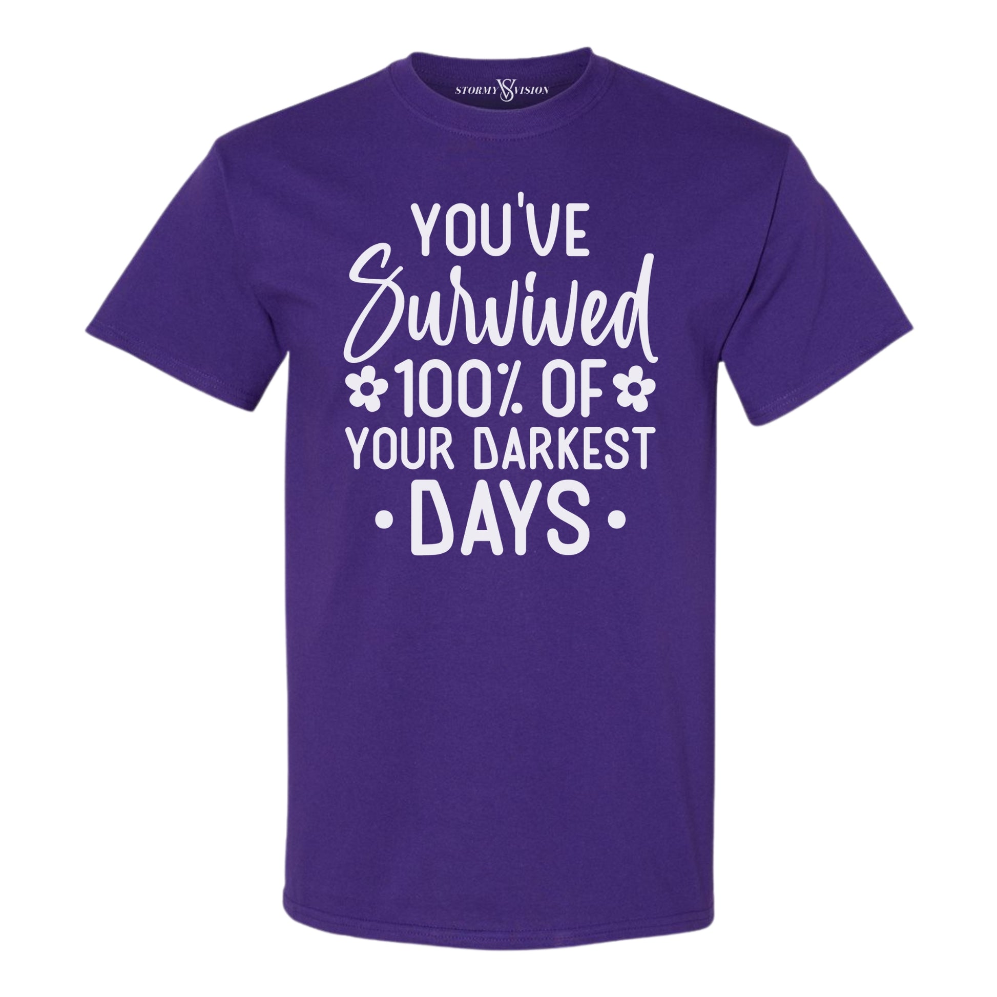 Cute purple and white plus size graphic t shirt for women, with You've Survived inspirational wording. Great for full figured women seeking style and comfort. 