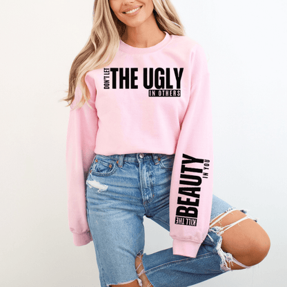 Inspirational pink and black sleeve design sweatshirt with a powerful message for mental health awareness. Stormy Vision