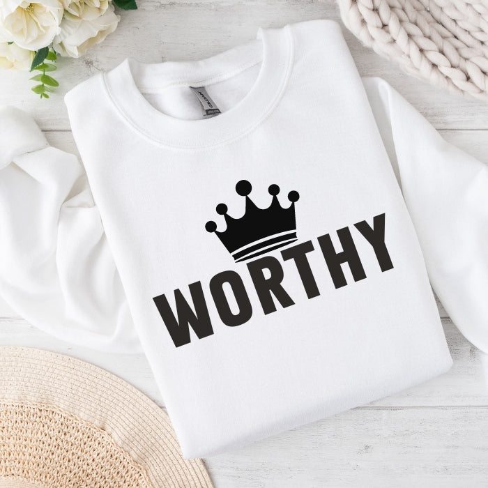 "Worthy" crewneck sweatshirt with a crown design, cozy and uplifting, perfect for women seeking inspiration.