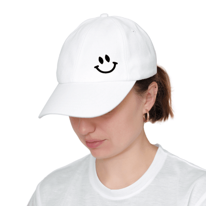 Girl - wearing - white - Smiley Face - Adjustable - Baseball Hat - Front view - Stormy Vision